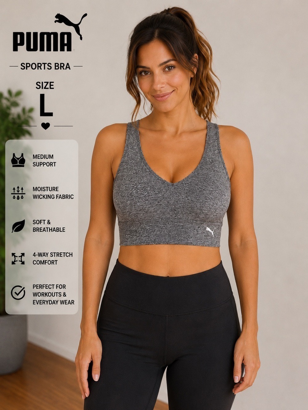 Puma Sports Bra Gray Heather Medium Support Size Large Athletic Workout Bra